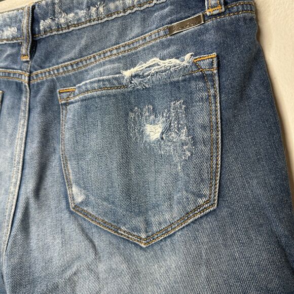 Kancan Medium Blue Wash Mid-Rise Distressed Raw Hem Denim Jean Shorts 28 - Picture 7 of 15